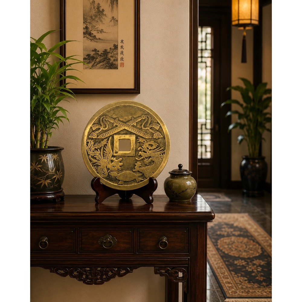 Vintage Brass Chinese Feng Shui Coin Plaque Dragon Phoenix 鎮宅之寶 5"